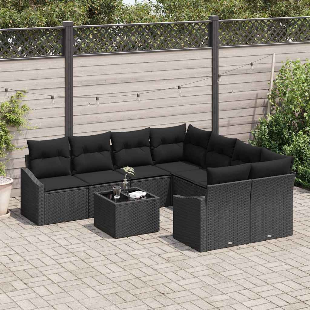 9 Piece Sofa Set with Cushions and Storage Black Poly Rattan