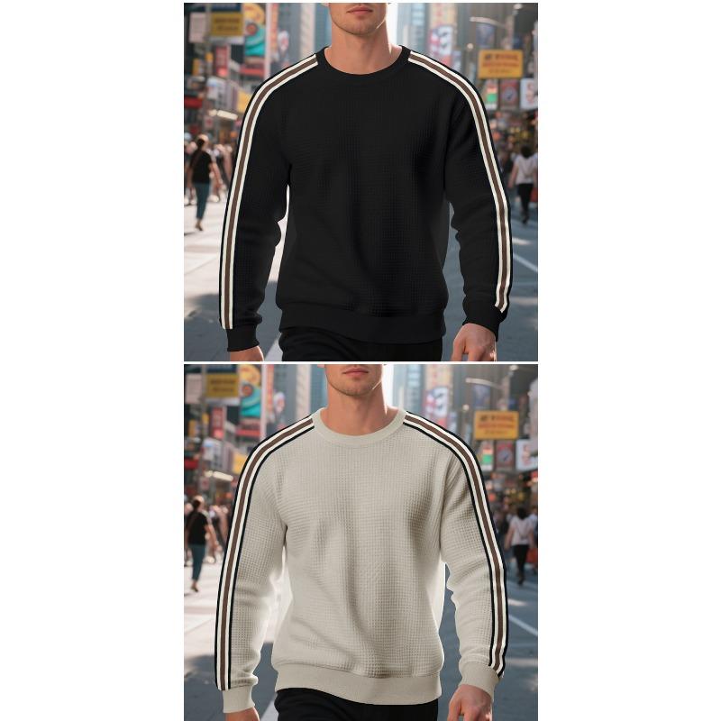 Loose Thin Seven Stripes Mens Waffle Crew Neck Casual Sports Breathable Sweatshirt