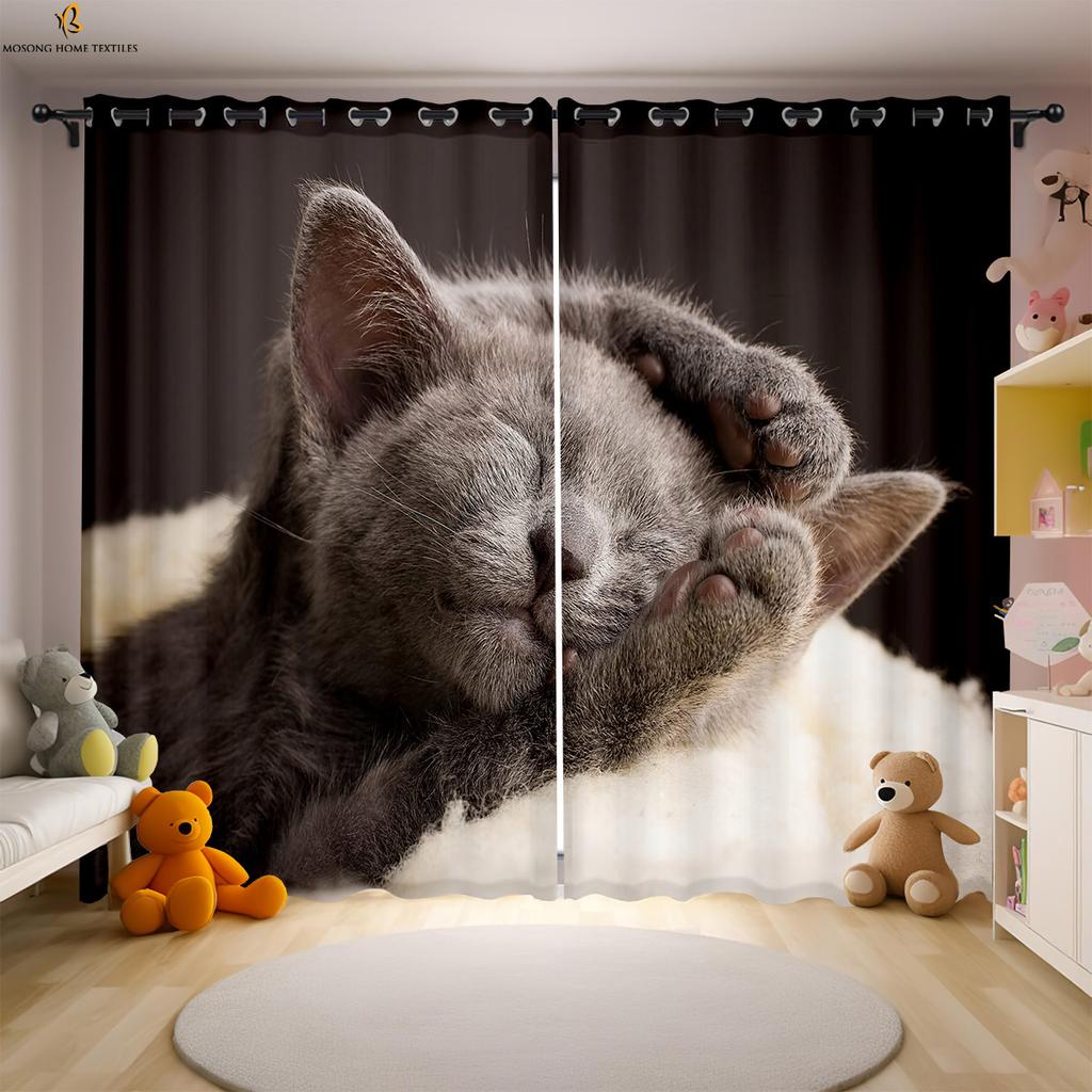 Cat Cartoon Printed Curtains Polyester Bedroom Living Room Kids Window Decoration Curtain Set Of 2 Made Washable Sitting Ready