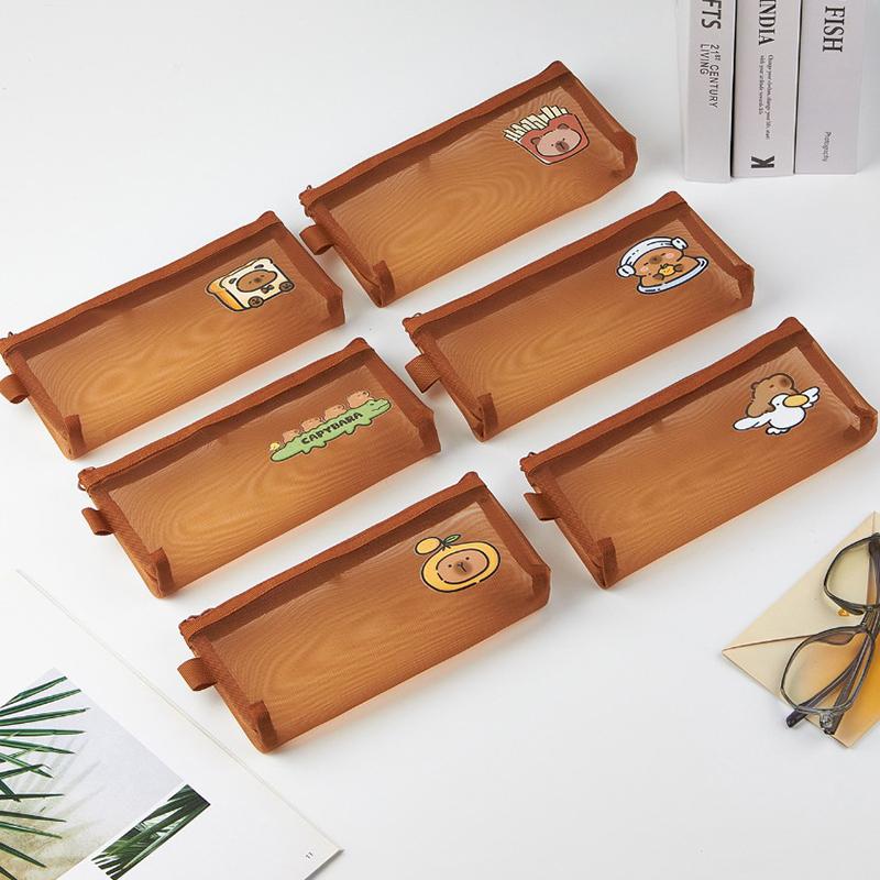 Capybara Mesh Pencil Bag Large Capacity Storage Bag Cartoon Design Simple Transparent Stationery Storage Bag