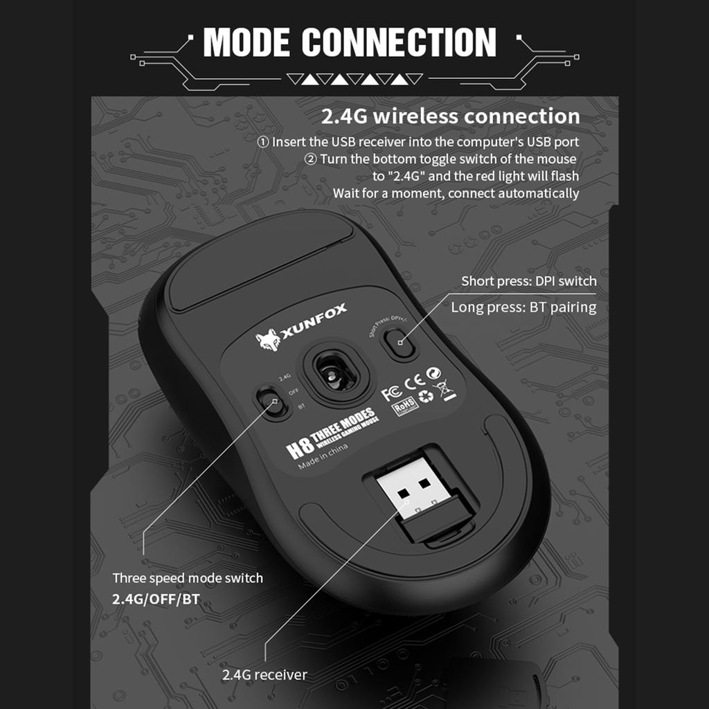 XUNFOX Wireless Mice PAW3311 Lightweight Gaming Mice with 3Modes Connection Rechargeable Ergonomic