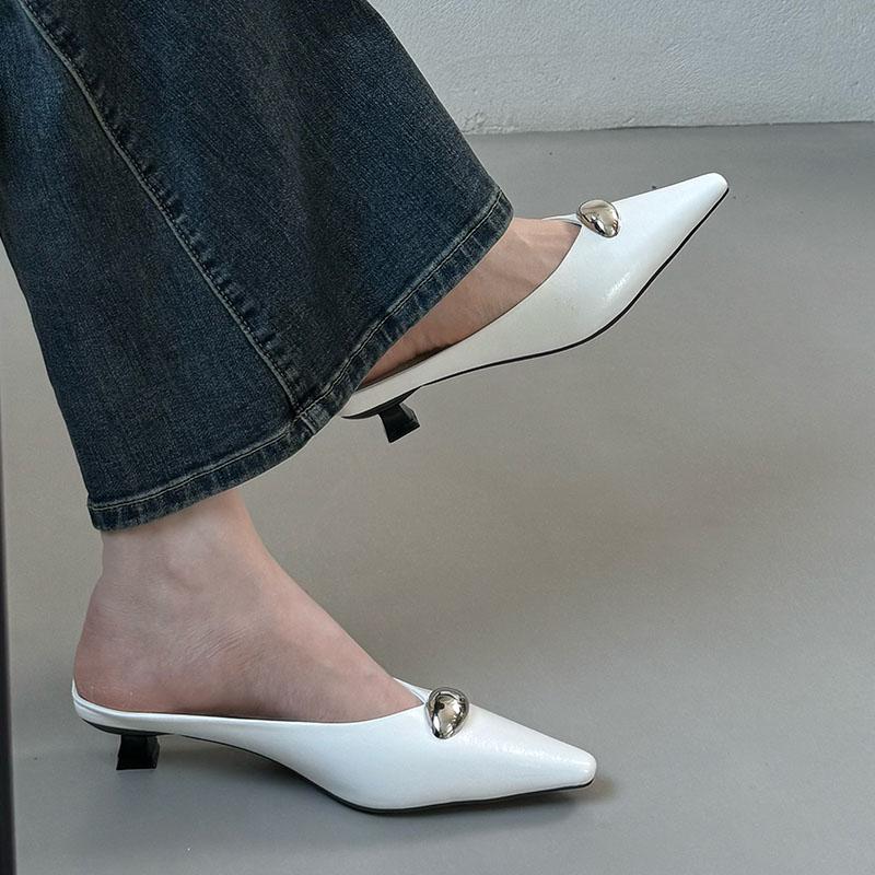 Fashion New Fashion Metal Women Heeled Slippers Sandals Shoes Female Mules Summer Beach Pointed Toe Ladies Flats Slippers Shoes Slides