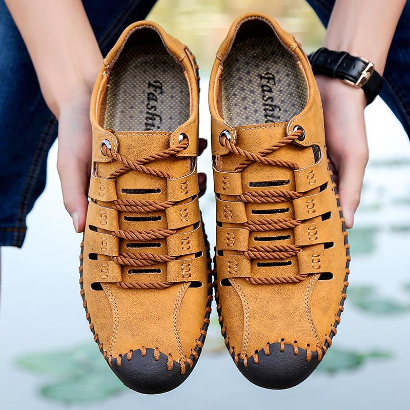 New Summer Breathable Men Sandal Roman Genuine Leather Handmade Mesh Men Casual Shoes Platform Outdoor Hiking Mesh Beach Sandals