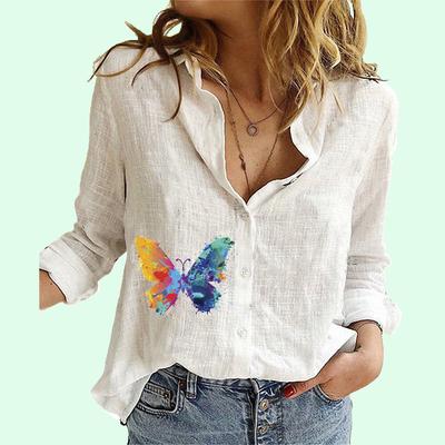 Moda Damska Kołnierzyk z Klapami Bawełniano-Lniany Top Lato&jesień Casualowy T-shirt z Długim Rękawem z Nadrukiem Motyli Damskie Luźne Bluzki Zapinane na Guziki