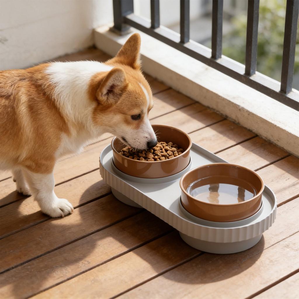 Anti-Tip 2-in-1 Dog and Cat Food and Water Bowl with Weighted Base, Easy-Clean Plastic Double Bowl for Small and Medium Pets
