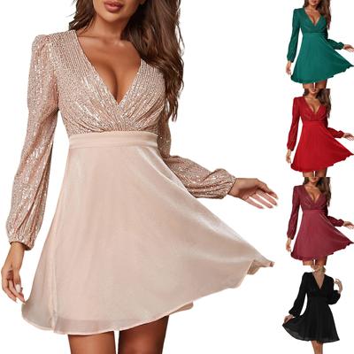 Partykleid Pailletten Spleißen Mesh Tiefes V Langärmliges kurzes A-Saum Kleid
