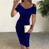 Women Party Dress Shiny V Neck Off Shoulder Short Sleeves Slim Fit Dress-up Knee Length Soft Spring Prom Dress Women Garment