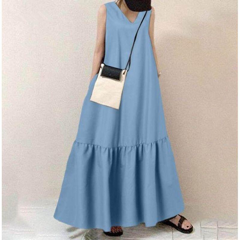 

Japanese-Style Amazon Rakuten Beach Dress V-Neck Solid Color Sleeveless Pocket Dress Women s Long Simple Solid Color Dress Sky Blue M