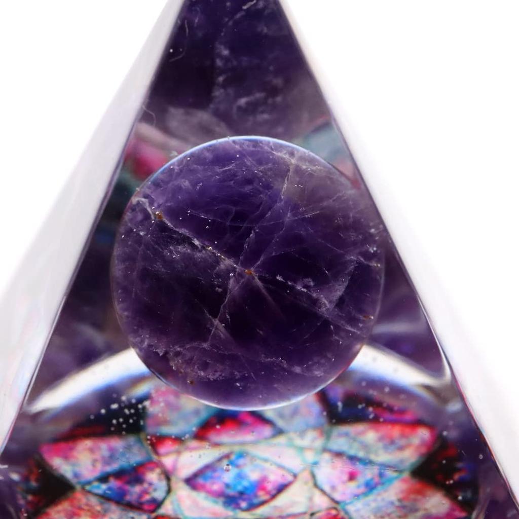 [GOLD STONE] Orgonite Pyramid, Natural Stone Pebbles, Amethyst, Round Bead, Approx. 5cm Wide, Ornament, Power Stone