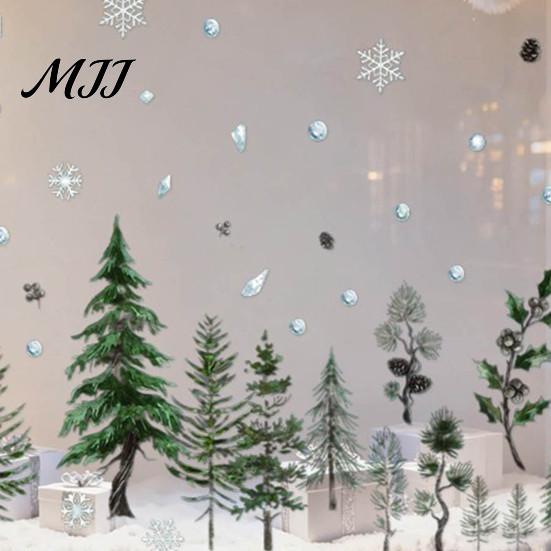 Easy Clean Wall Decals for Bedroom Christmas Tree Window Clings, Green Pine Trees Snowflake Decals, Winter Decorative Adhesive Free Film Reusable PVC