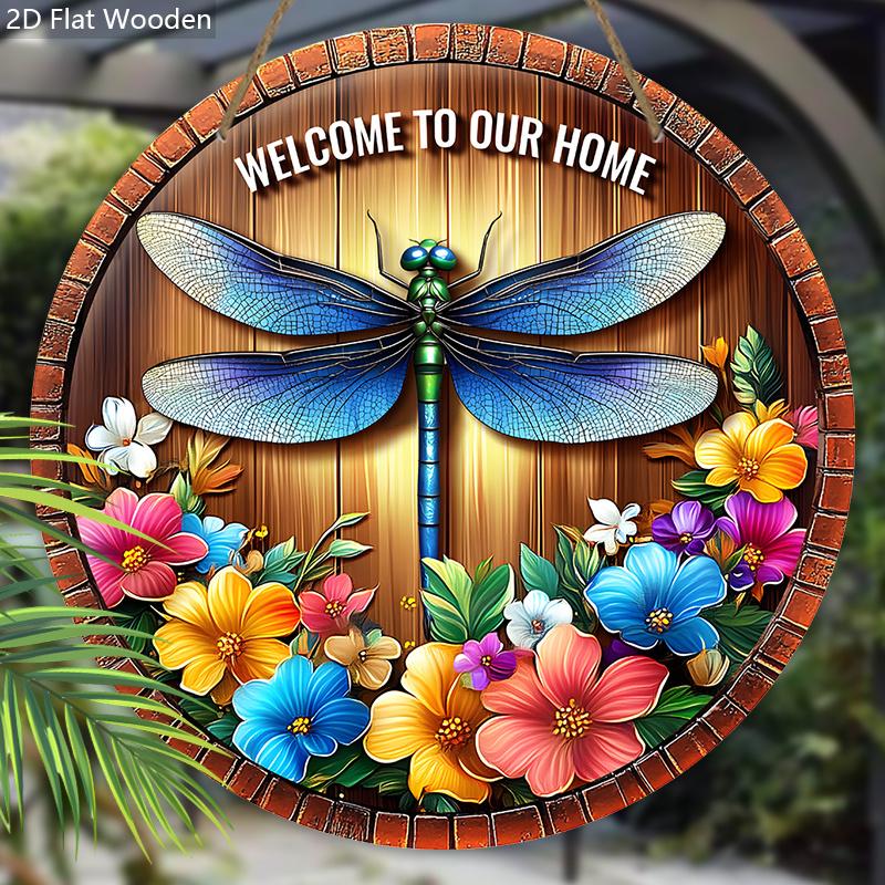Rustic Wooden Welcome Sign with Dragonfly & Flowers Pattern - Charming Decorative Hanging Plaque for Front Door, Wall Decor