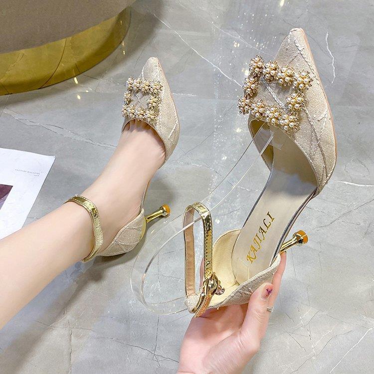 

High heels women s new spring feeling niche temperament bag head thick heel pearl sandals 40