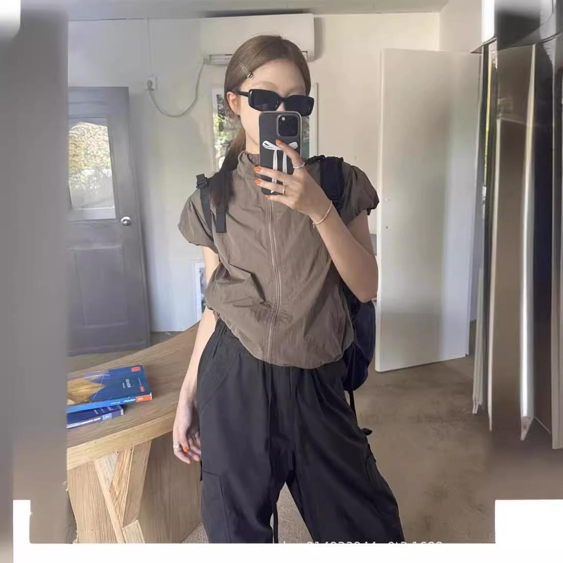 

Retro Cam Sle ort Zipper Thin Jaet Women s Summer Polyester Fiber Slim Fit Top Stand Collar Lightweight Coat XXL чорний