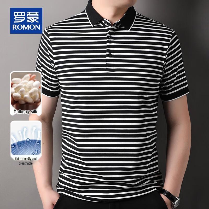 ROMON Men's Cooling Silk Blend Striped Polo Shirt