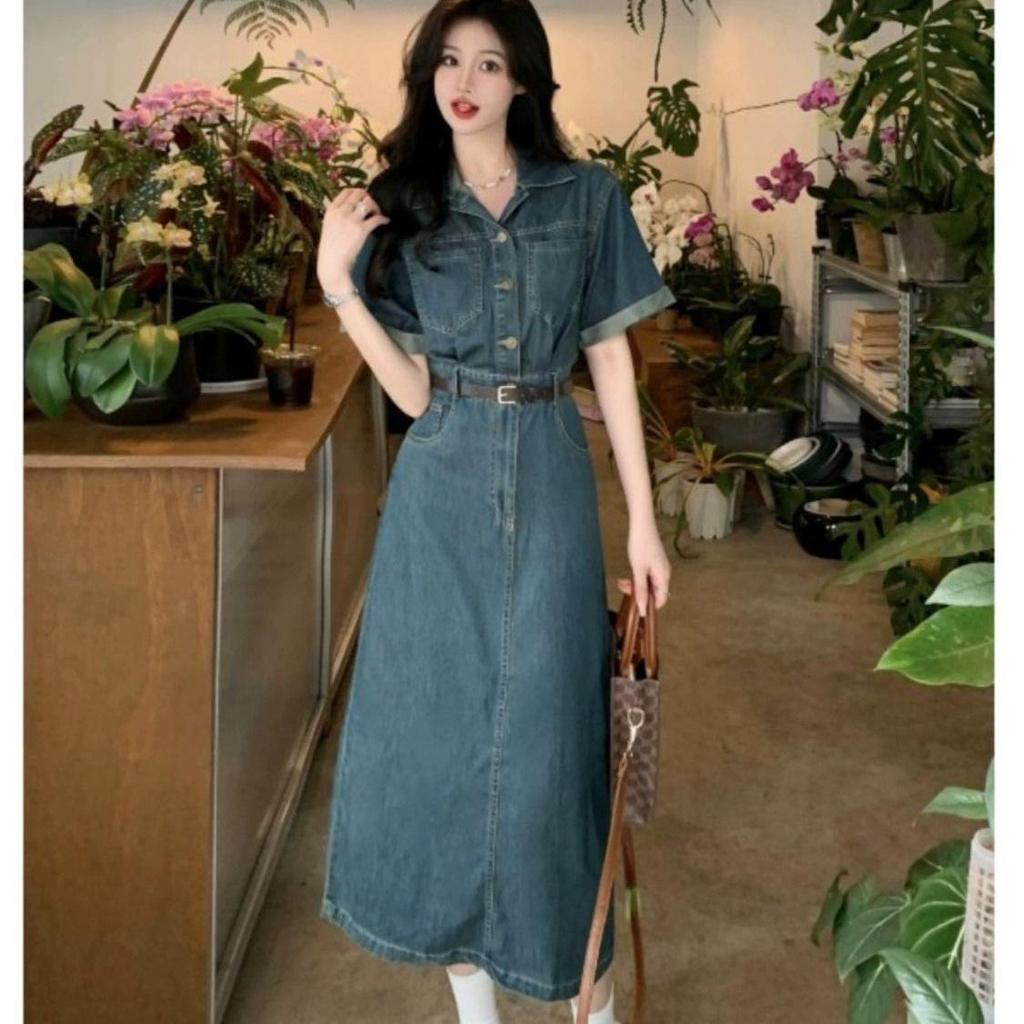 Women's Chic Hong Kong Style Retro Polo Collar Denim Dress - Slim-Fit, Waist-Cinching, Short Sleeve, Mid-Length A-Line Skirt, Summer Collection