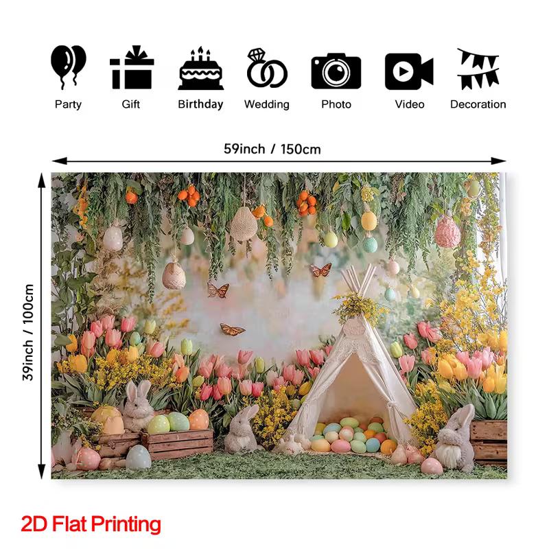 

2D Easter Bunny Tapestry, Spring Garden with Colorful Eggs Backdrop 47.2x31.5inch/120*80cm