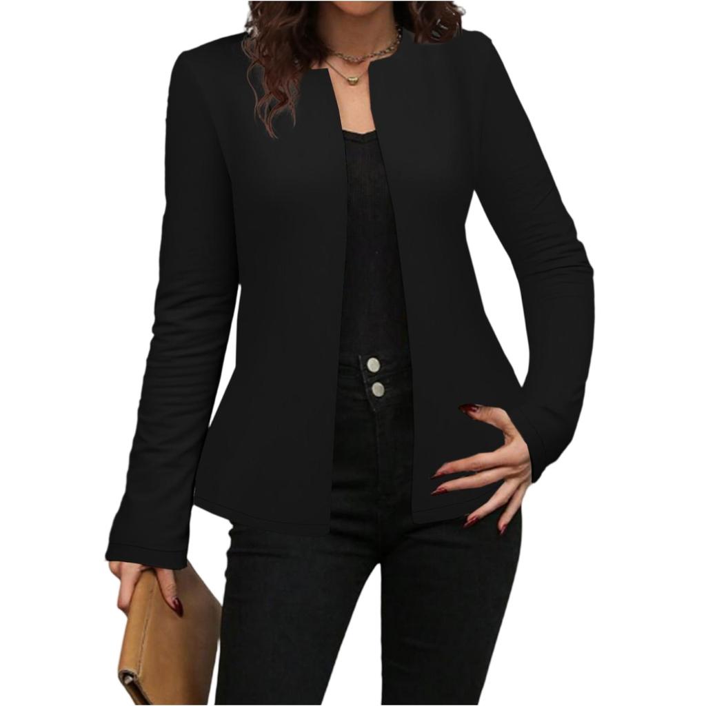 Women's Fashionable Solid Color Round Neck Long Sleeved Button Cardigan Jacket