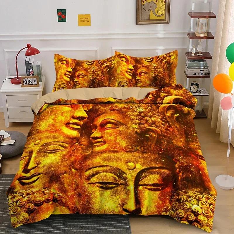 Mandala Buddha Duvet Cover Set King Size Exotic Ethnic Bohemian Bedding Set Golden Black Lotus Flowers Gorgeous Comforter Cover