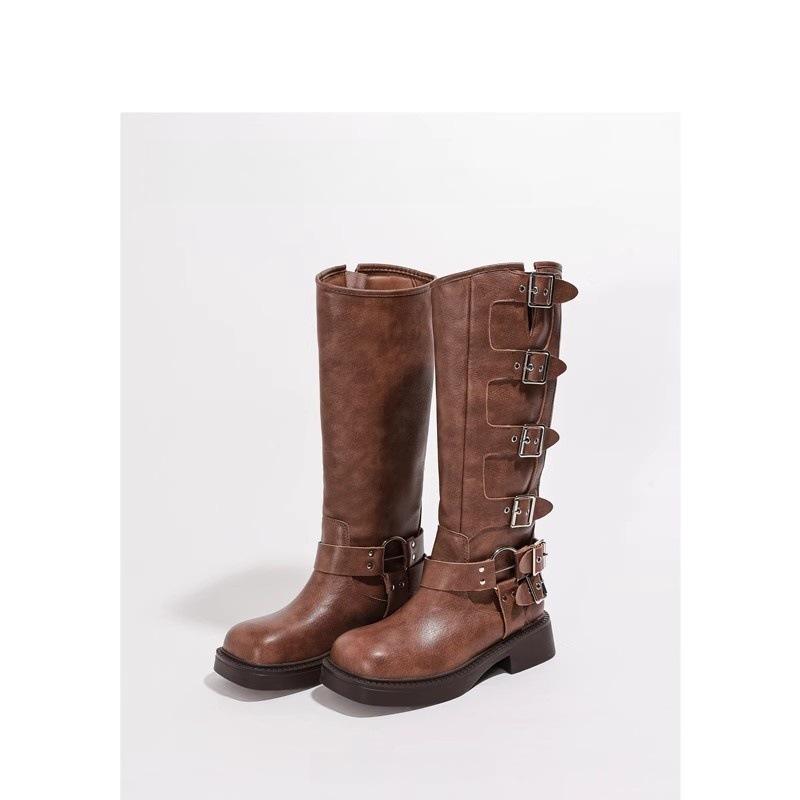 Maillard retro knee boots women's 2025 new gold belt buckle western cowboy knight boots