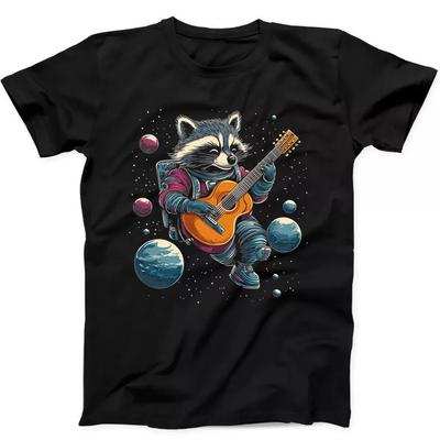 Procione che suona la chitarra nello spazio Best Seller Regalo divertente Maglietta nera T Shirt 317