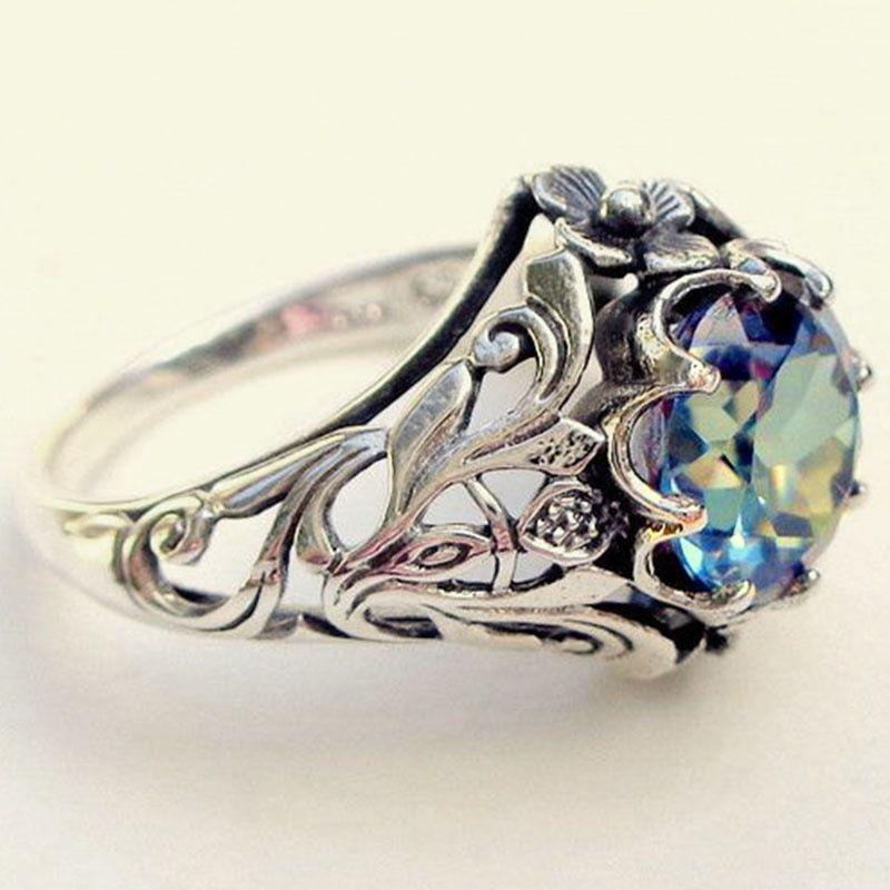 Elegant Creative Fashion Vintage Hollowed Out Multicolour Flower Ring Silver Ring