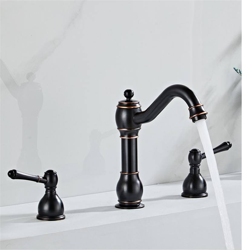 Tuqiu Basin Faucet Brass Antique Bronze Bathroom Faucet Black Sink Faucet 3 Hole Double Handle Hot & Cold Wash Faucet Water Tap