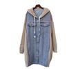 Hooded Long Denim Splicing Sweater Jacket Autumn and Winter New Design Thickened Loose Knitted Cardigan Women