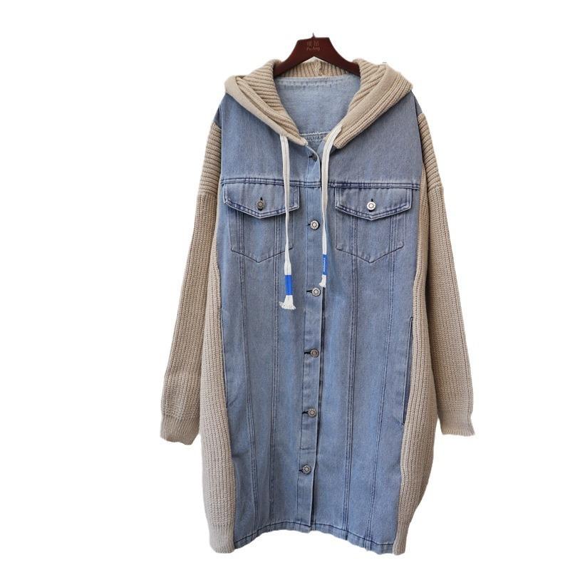Hooded Long Denim Splicing Sweater Jacket Autumn and Winter New Design Thickened Loose Knitted Cardigan Women