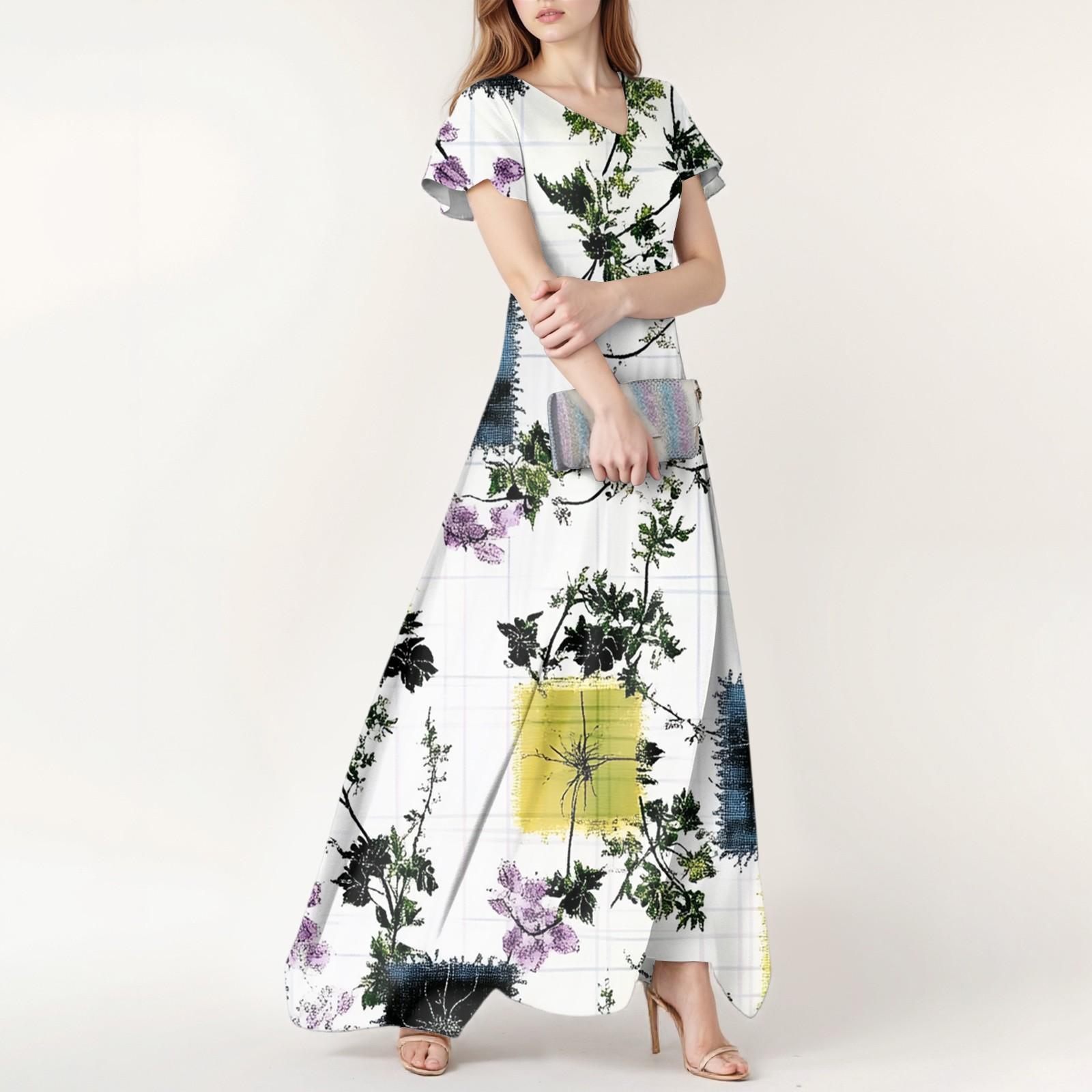 

Женское весенне-летнее повседневное модное платье с цветочным принтом и коротким рукавом, V-образный вырез XL белый