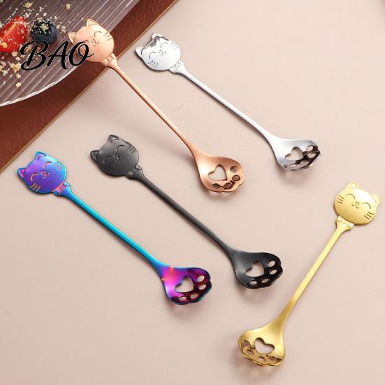 Cat Shaped Handle Spoon Coffee Spoon, Stainless Steel Paw Claw Teaspoon, Embossed Design Multi-Color Electroplated Stirring for Ice Cream Yogurt
