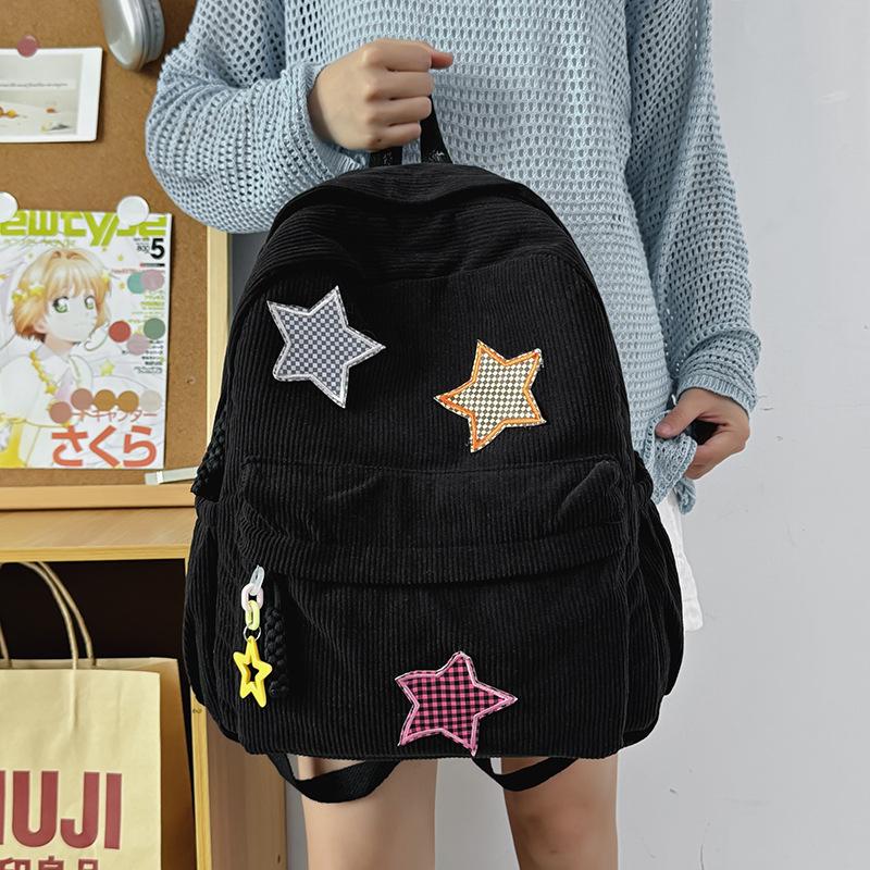 Women's Mori Style Corduroy Backpack - Harajuku Middle School Bookbag with Star Design for Travel