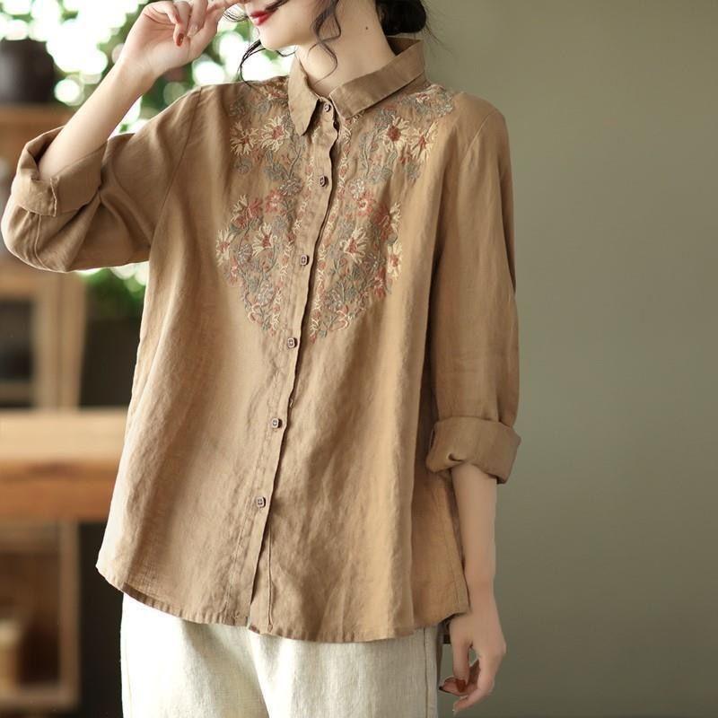 Blouses For Women National Shirt Cotton Linen Shirt Loose Embroidered Blous Laple Long Sleeve Cardigan Top Female Shirts