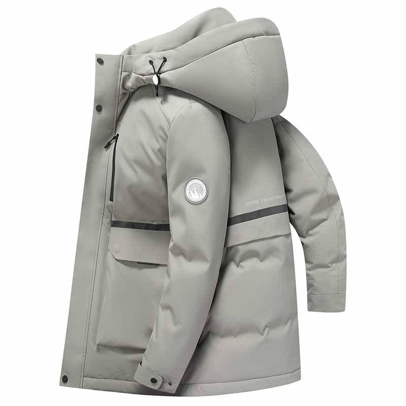 

90 Серый пуховик на гусином пуху, зимняя новая куртка средней длины с капюшоном, утепленная, морозостойкая и теплая для активного отдыха на открытом воздухе для мужчин на гусином пуху 3XL