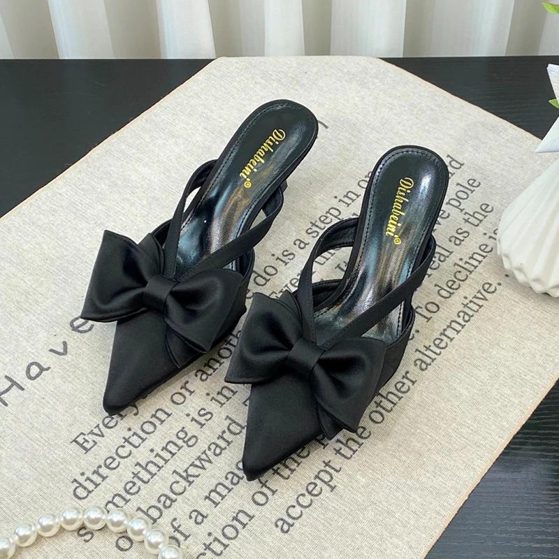 Bow Heeled Slippers Women's Pointed Toe Sandals Elegant Mules Shoes 2025 Summer Party Pumps Flip Flops Dress Sandalias De Mujer