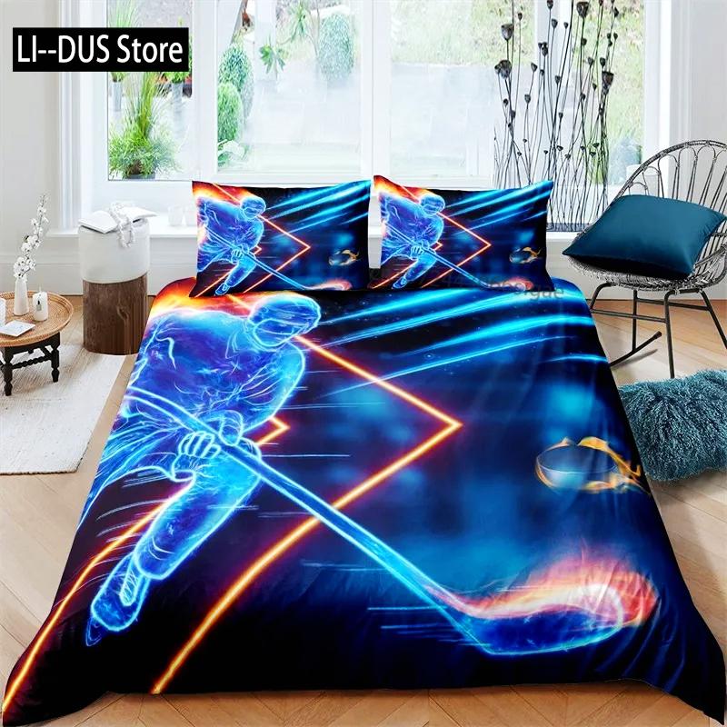 Kids Ice Hockey Duvet Cover Full Hockey Player Pattern Bedding Set Winter Sports Theme Quilt Cover for Youth Teen Boy Room Decor