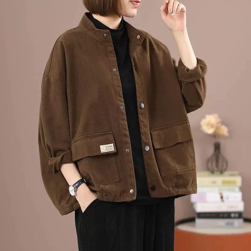 Stand Collar Workwear Denim Jacket Women's Casual Jacket Spring and Autumn Loose Oversized Short Cardigan