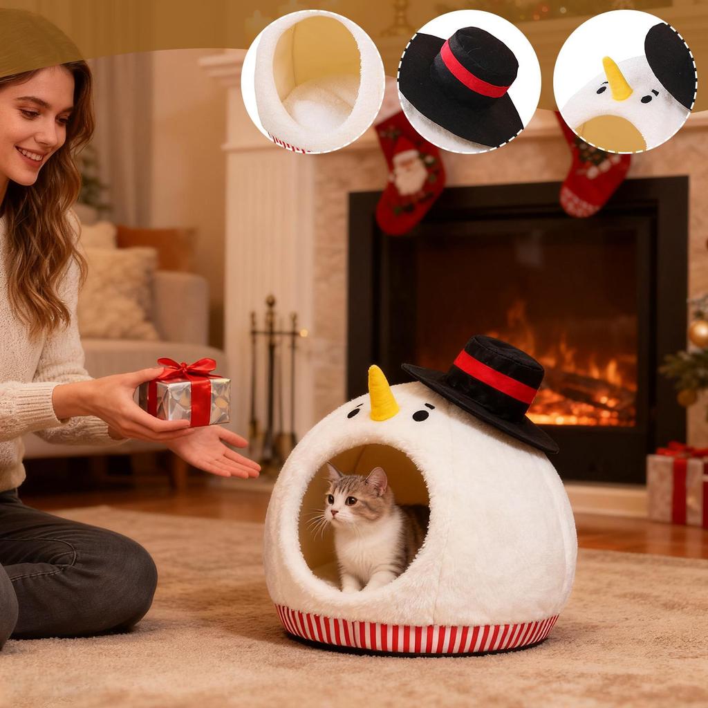 Cat Sleeping Bed House Semi-Enclosed cat shelter With Washable Mat Christmas-themed Winter Warming pet house For Travel Car RV