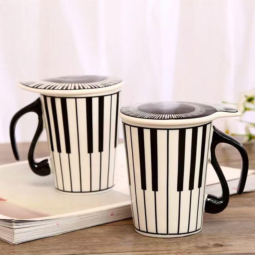 Creative Ceramic Mug, with Cup Lid Coffee Mugs, Piano Musical Note Tea Cup, Travel Cups Breakfast Milk Cup, Water Bottle Gift