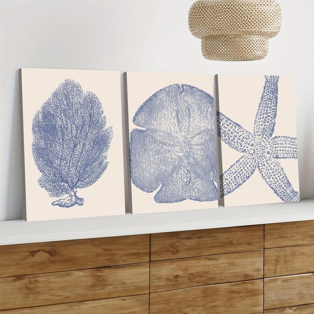 3 Pieces of Mediterranean Style Blue Coral Decoration Paintings, Modern and Simple Living Room Entrance Wall Decoration Canvas P