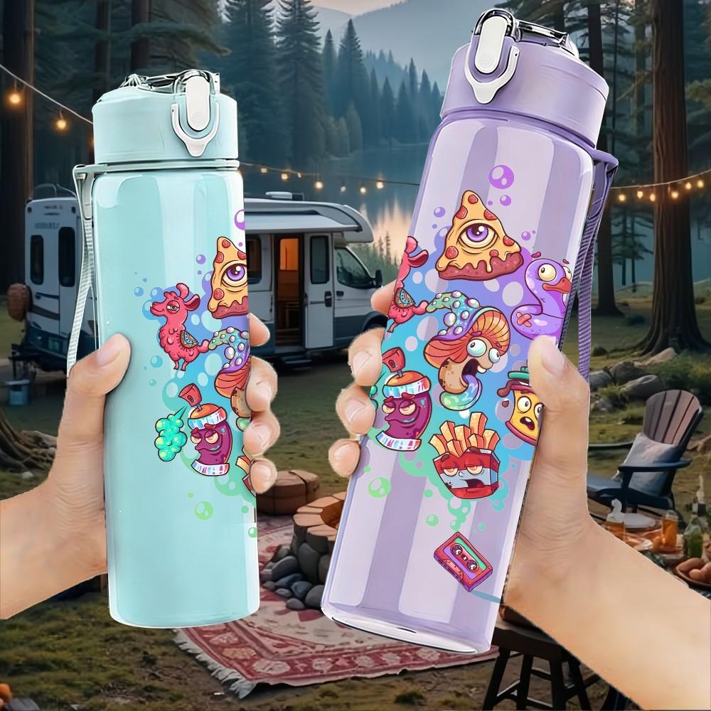 1PC Colorful Doodle Collage Art Pattern 750ml Color Plastic Sports Water Bottle Leakproof Flip Straw Lid Suitable for Sports Office Home Use