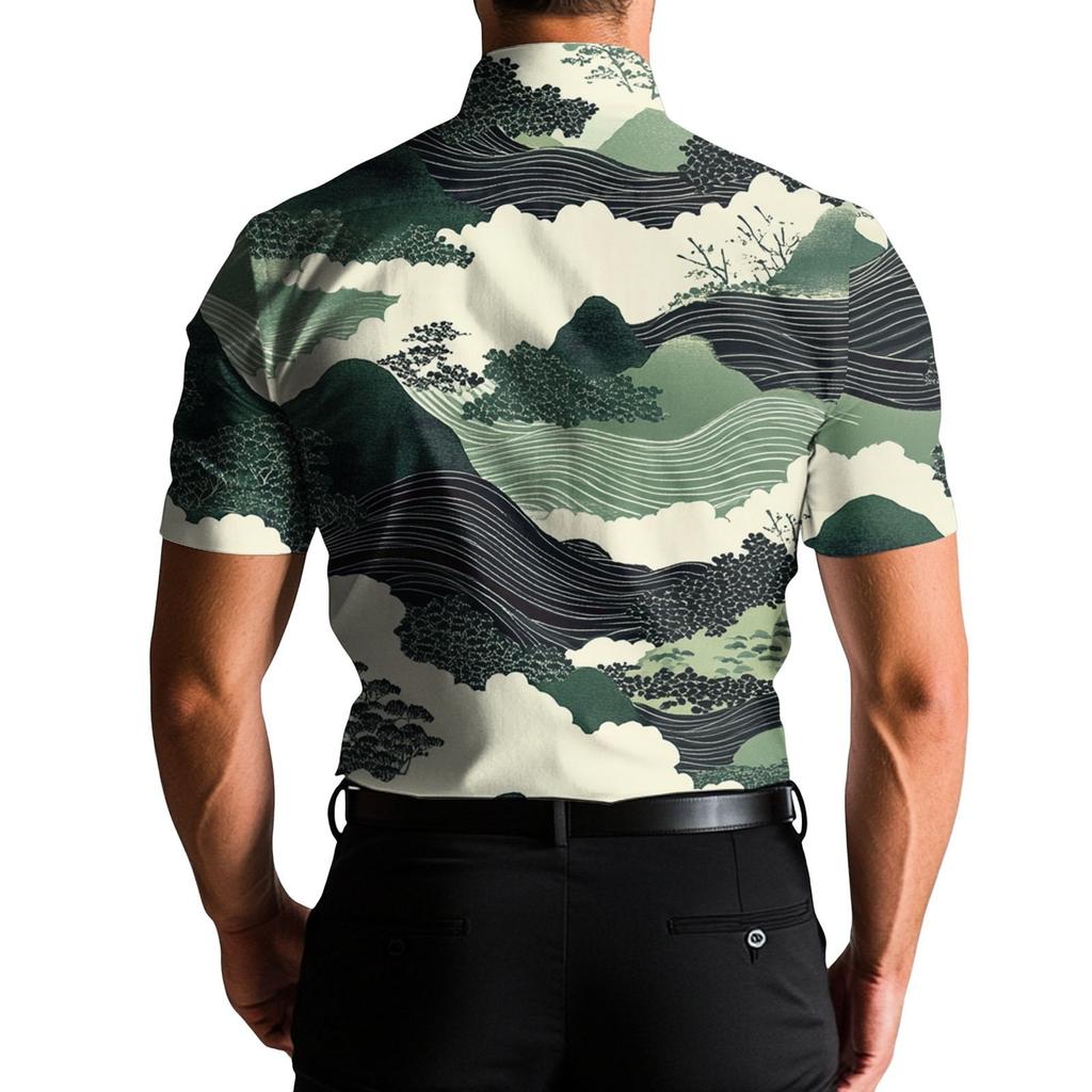 Men's Fashion Printed Satin Short Sleeve Shirt Top