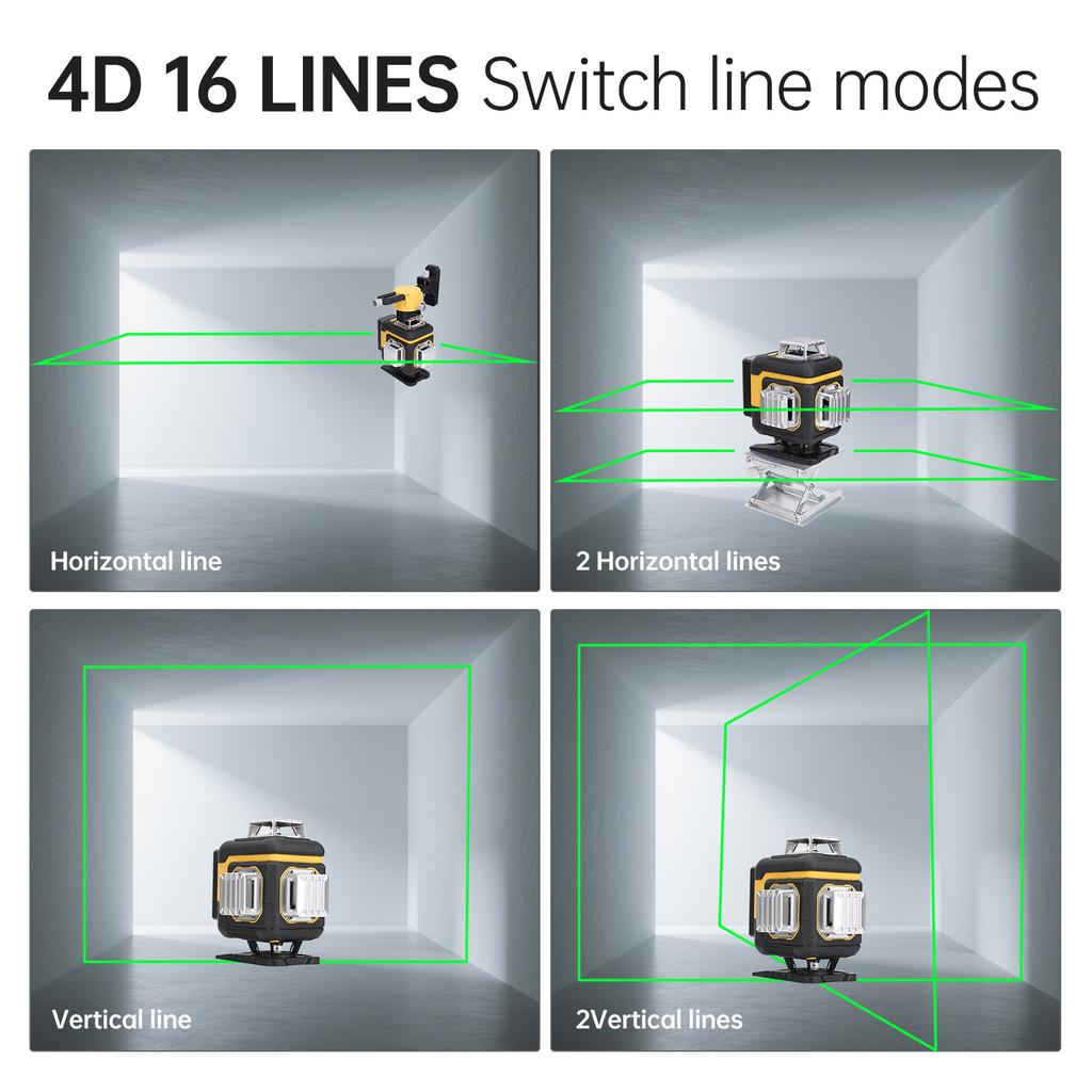 16 Lines Laser Level 3° Self-leveling Machine 4D Green Cross Line Laser Level Powered Rechargeable Lithium Battery Leveling Tool