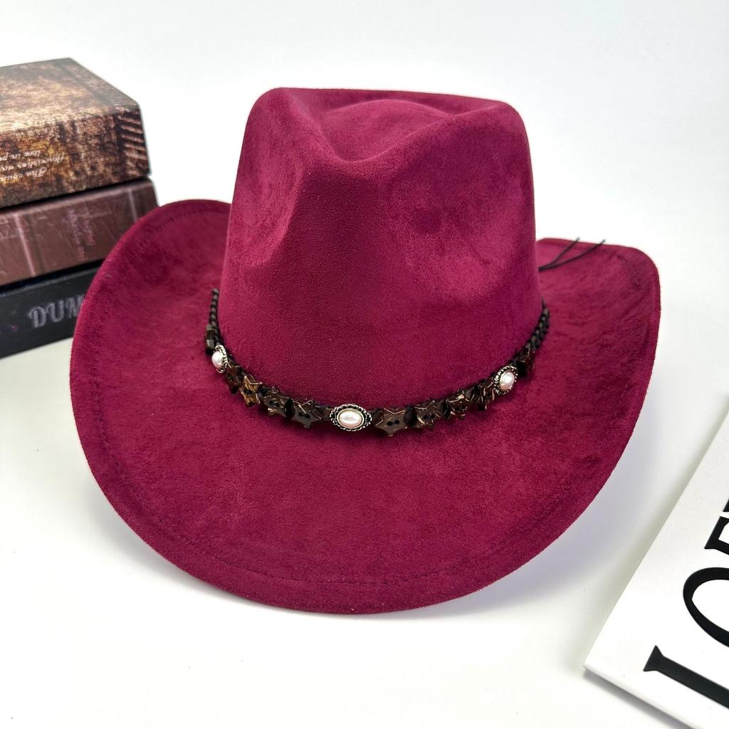Western Cowboy Hat Women'S Wool British Suede Pearl Accessories Peach Heart Top Hat