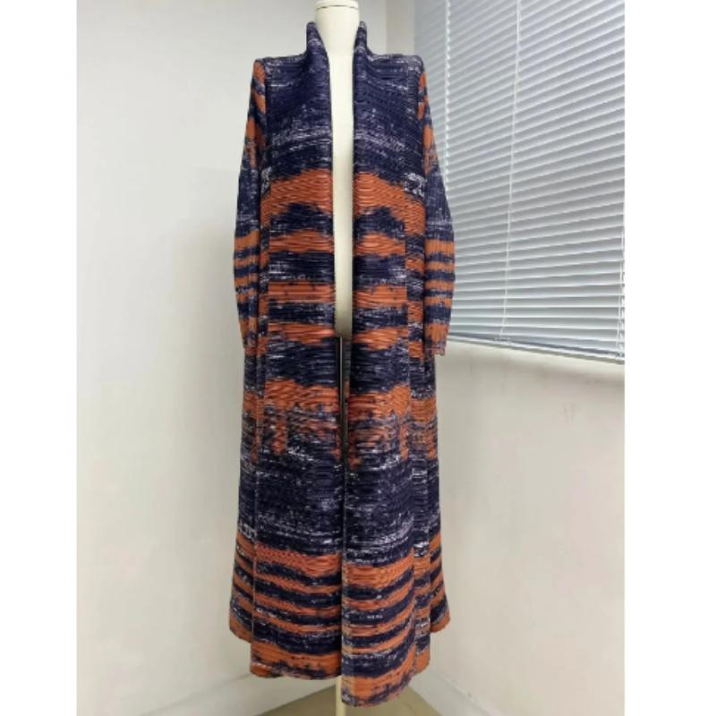 Pleated Vintage Printed Turn-down Collar Long Sleeve Mix Women Coat Woman Winter  Dubai Style Plus Size Robe Coat