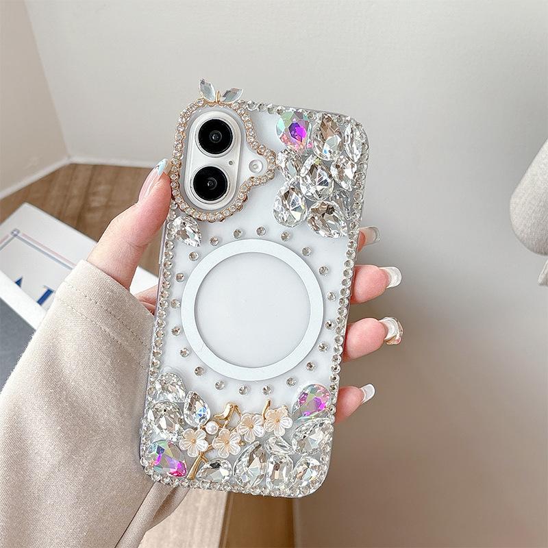 

Rhinestone Flower Magnetic Phone Case for Apple 16 Promax Luxury for IPhone 17 Personalized Trendy 15 Female Model For iPhone 17Promax