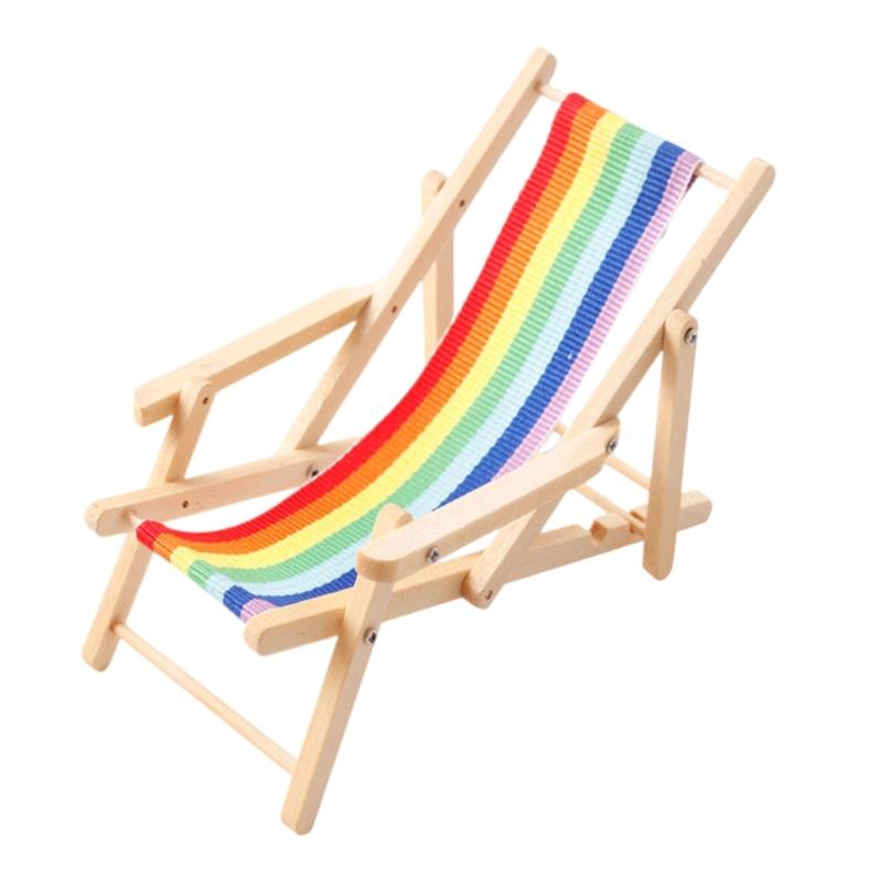 

Miniature Wood Beach Chair With Rainbow Color Design Safe Friendly Lounge Chair Figurine For 1/12 Doll House Furniture