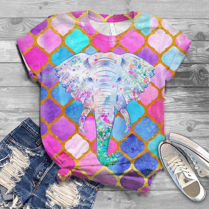 Letní Nové Pánské a Dámské Slon 3D Digitálně Potištěné Kulatý Výstřih Volné Tričko s Krátkým Rukávem Pár Tričko