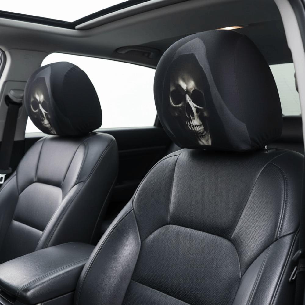 1pair Elastic Fabric Skeleton Car Pillowcase Universal Fit Halloween Auto Slipcover Punk Drivers
