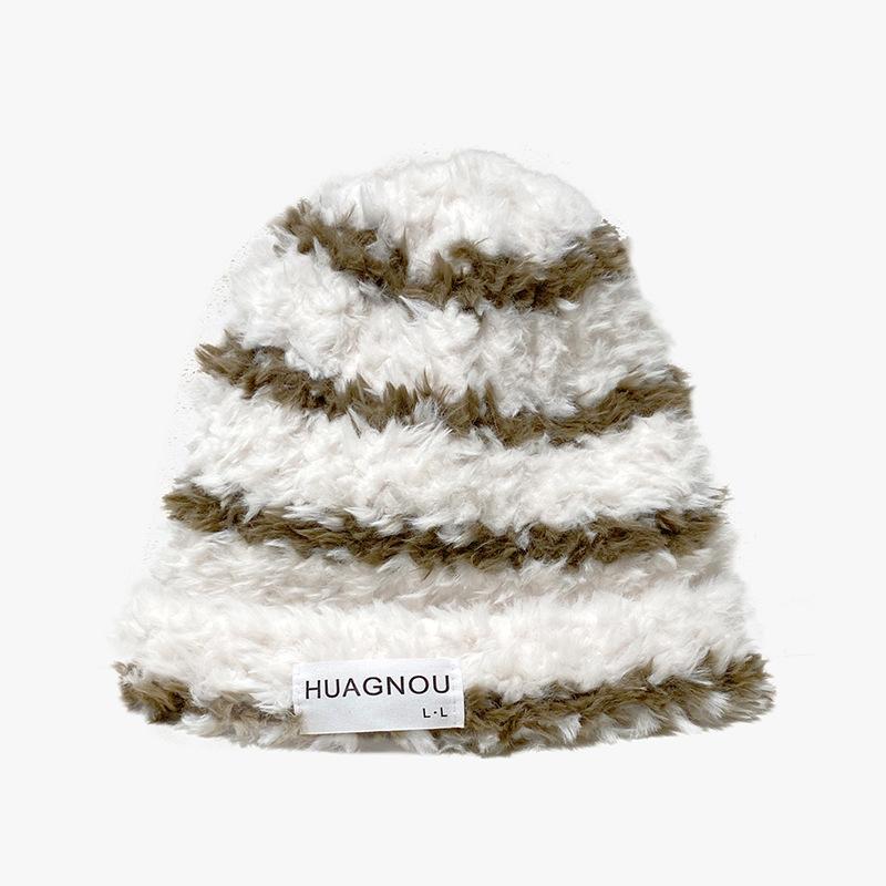 New Hat for Women Korean Style Stripes Showing Face Small Fluffy Warm Wool Hat Big Head Around Ear Protection Pile Hat Men's Trendy