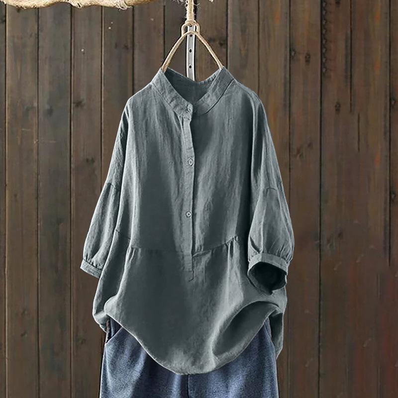 Korean-Style Long Sleeve Stand Collar Pullover Shirt for Women - Autumn/Winter Plus Size Solid Color
